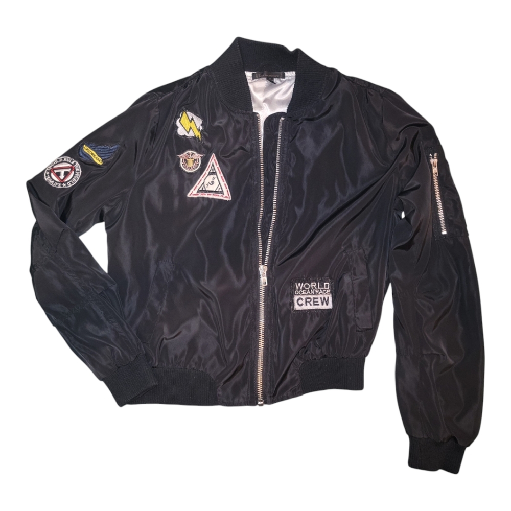 Black Bomber Jacket with Patches size juniors Medium